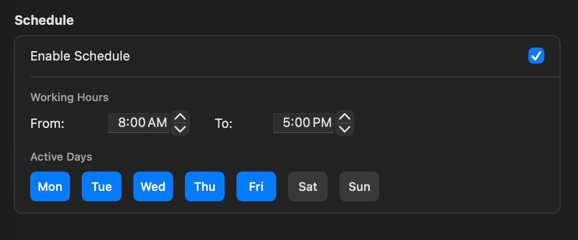 Schedule Settings - Shows the schedule configuration panel