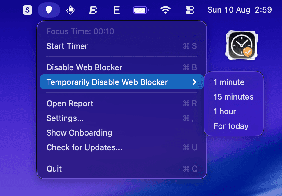 Temporary Disable Menu - Shows the temporary disable options