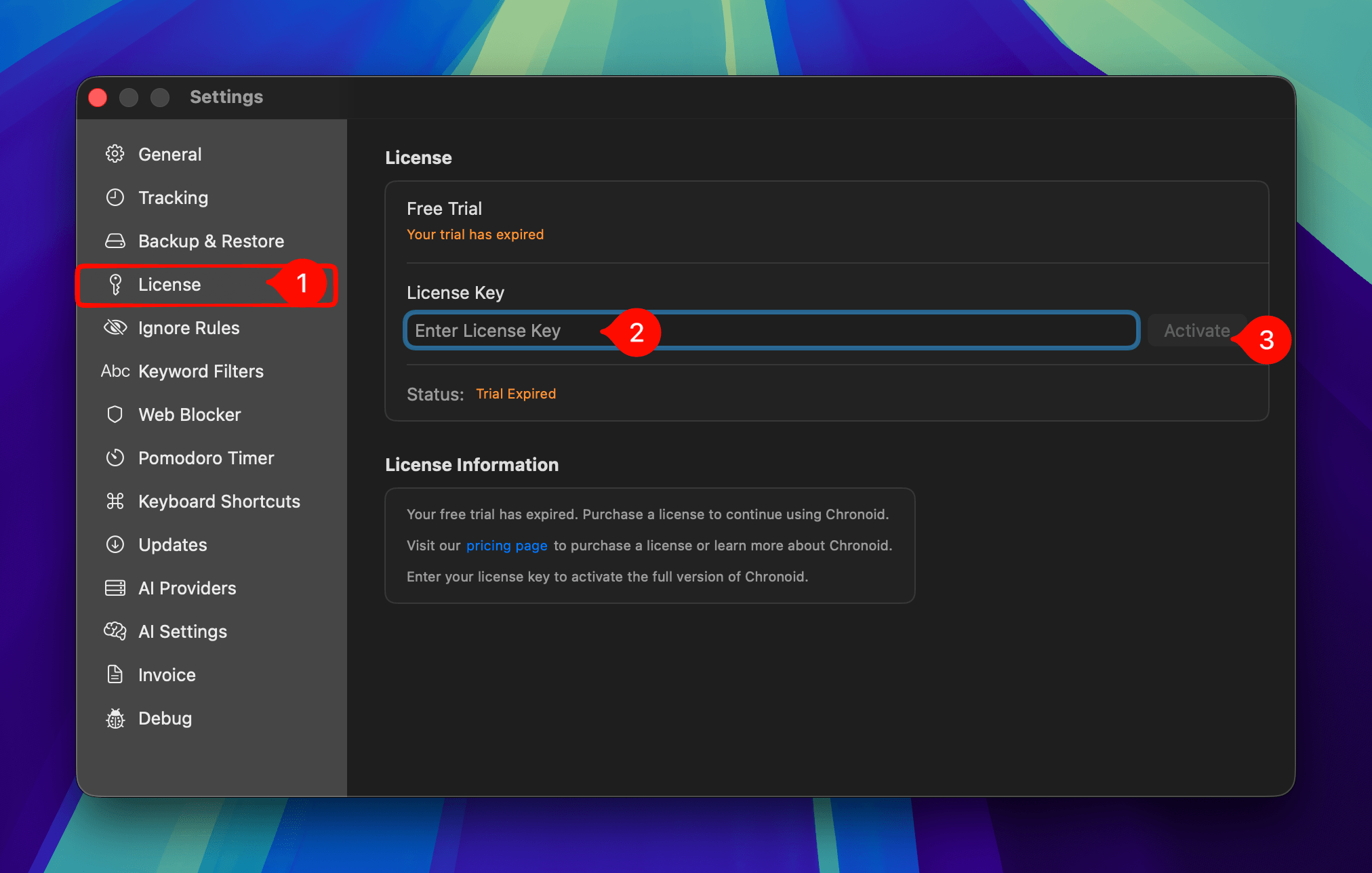 License settings page showing the License tab, license key input field, and Activate button