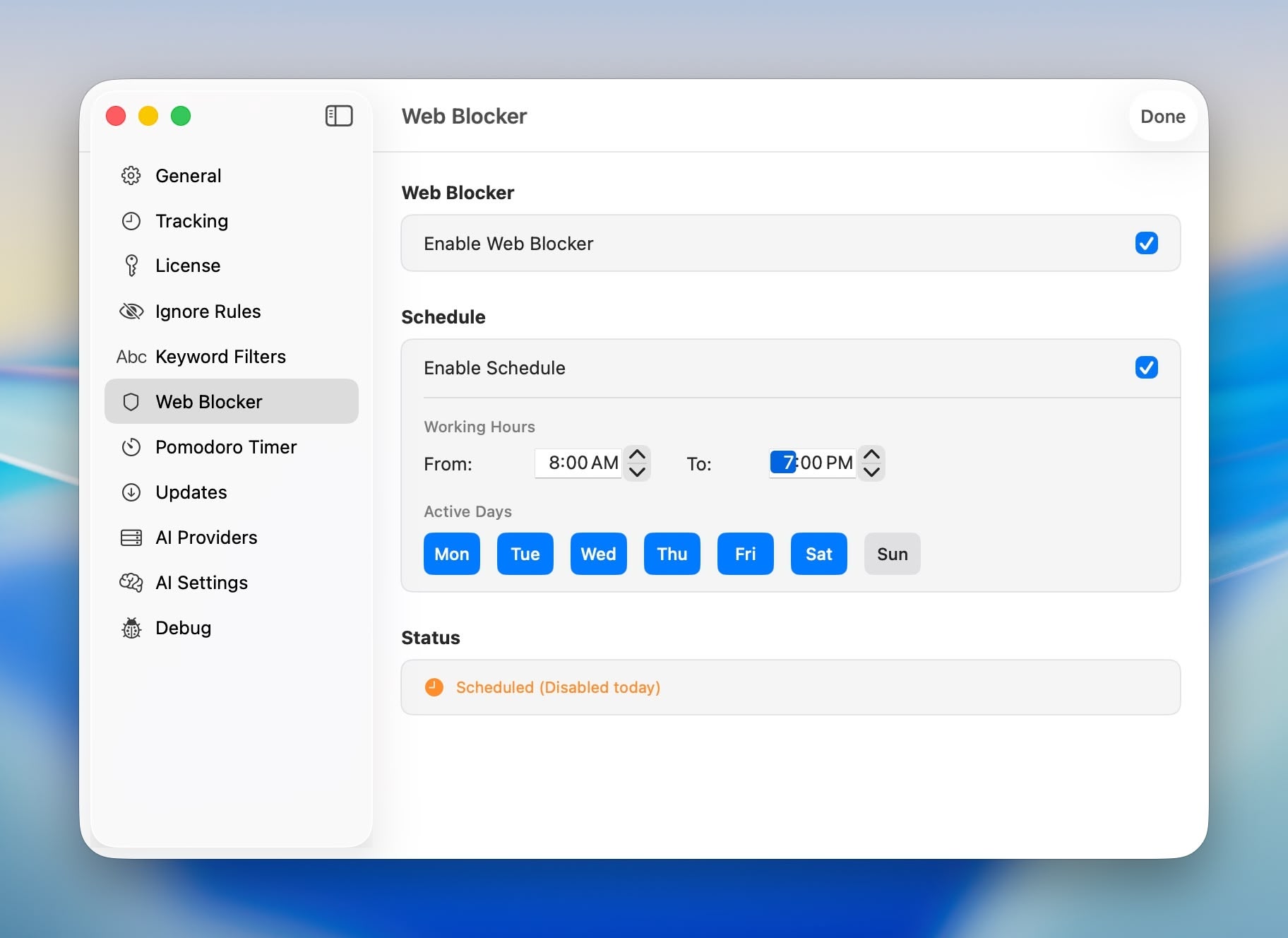 Web Blocker Overview Screenshot - Shows the main Web Blocker settings panel