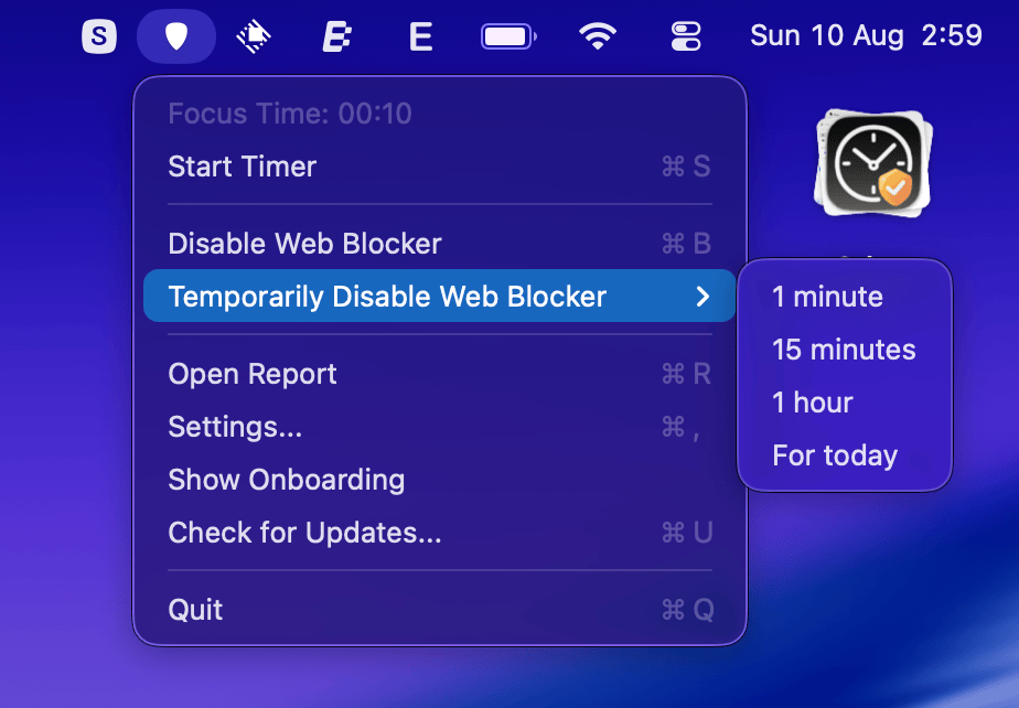 Temporary Disable Menu - Shows the temporary disable options