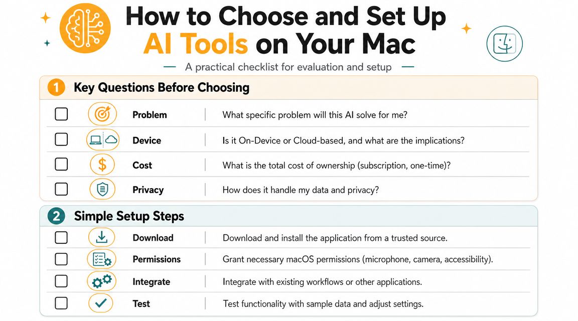An infographic checklist guiding Mac users on how to choose and set up AI tools effectively.