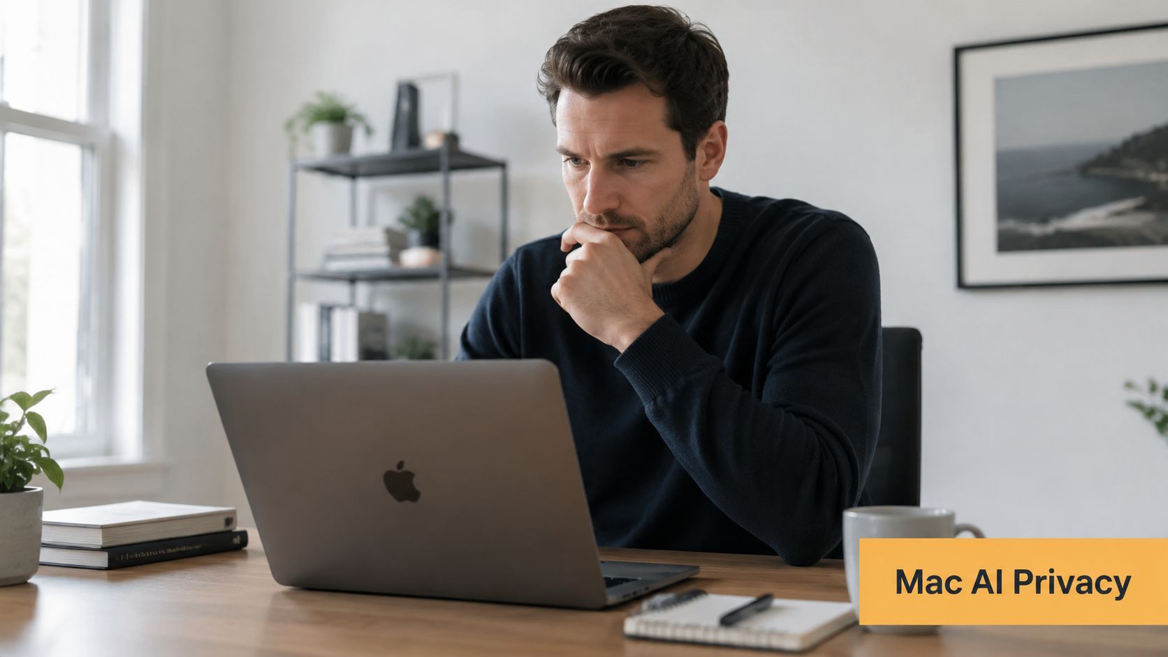 A focused man working thoughtfully on his Apple laptop at a clean, modern desk in his home office.