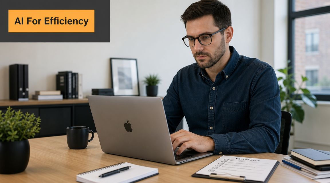 A professional man with glasses working on an Apple laptop at a clean, modern office desk.