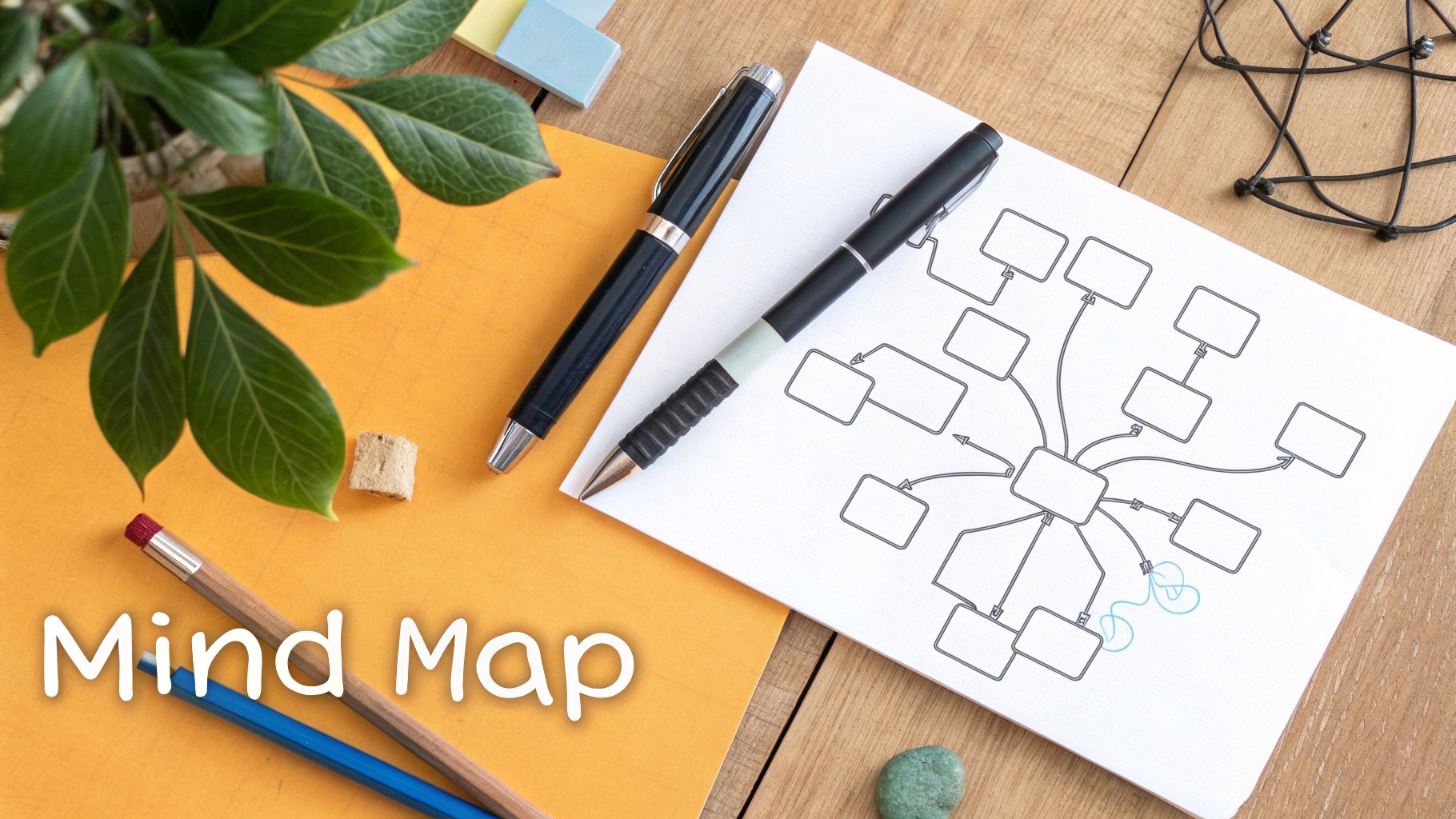 Flat lay of a desk with a drawn mind map, pens, pencils, and a green plant, symbolizing planning.