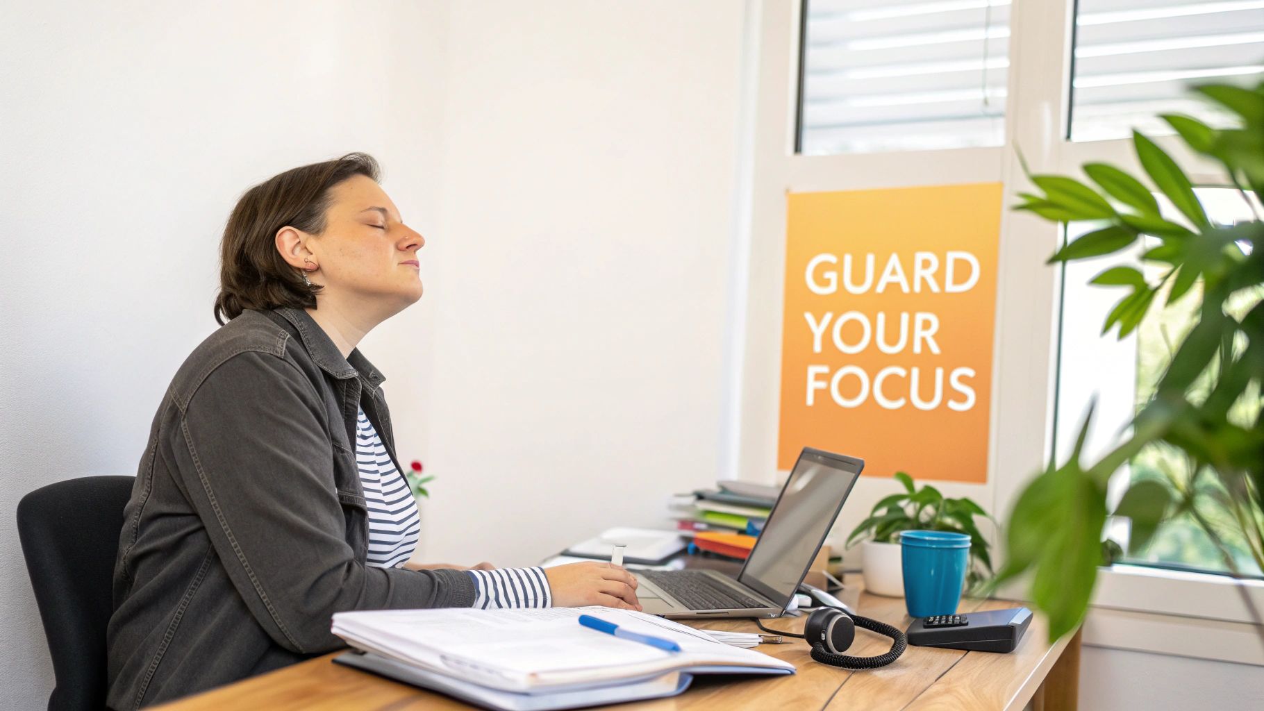 A woman with eyes closed at a desk, taking a mindfulness break from work.
