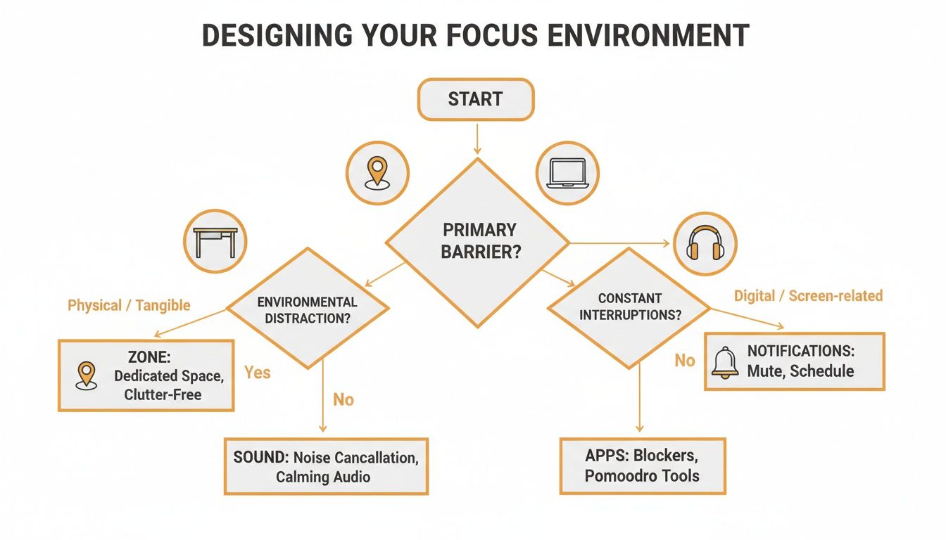 Flowchart guiding users on designing their focus environment, addressing physical and digital distractions.