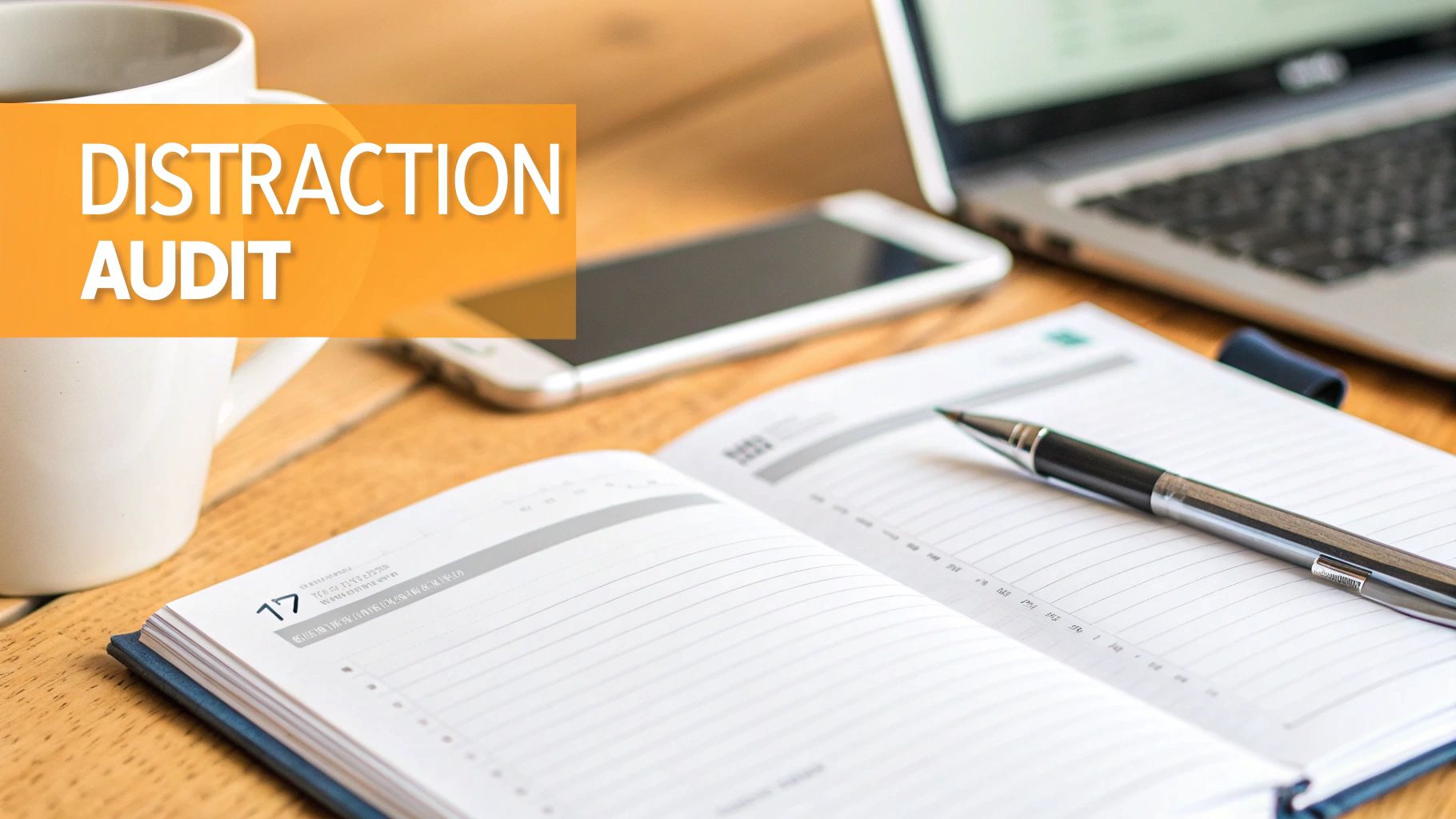 A modern desk workspace with a laptop, smartphone, open planner, pen, and coffee mug, featuring a 'Distraction Audit' overlay.