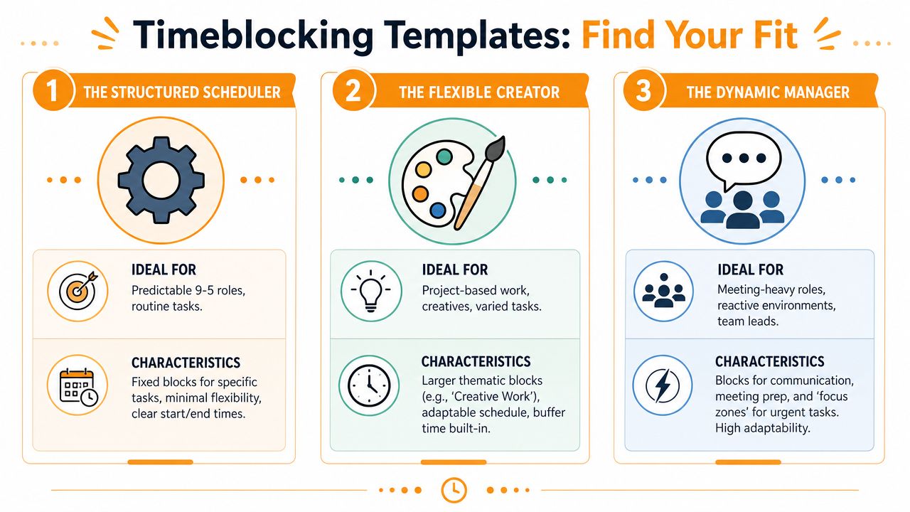 A visual guide comparing three timeblocking templates for structured schedulers, flexible creators, and dynamic managers.