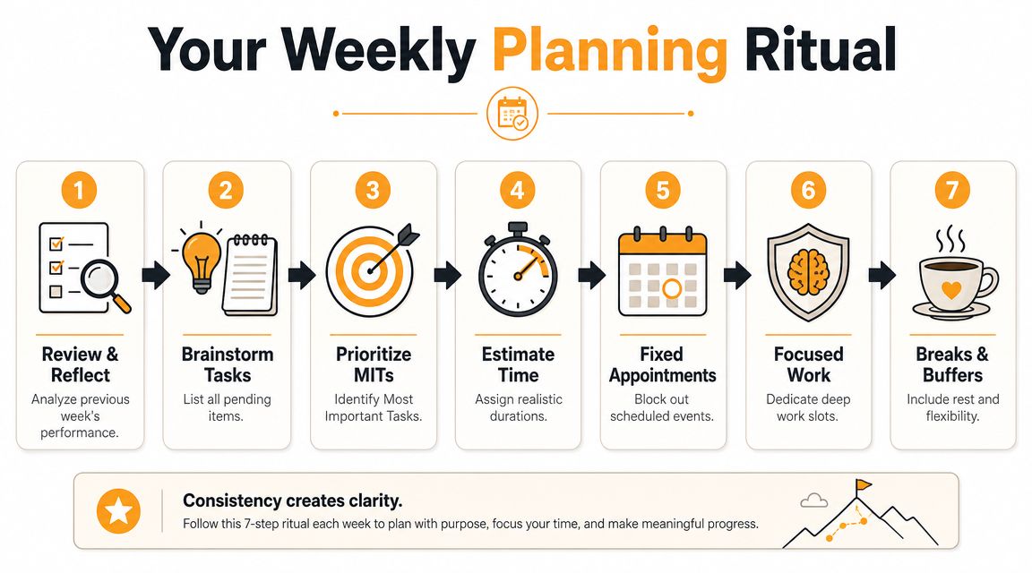 A diagram outlining a seven-step weekly planning ritual to improve productivity, focus, and time management.