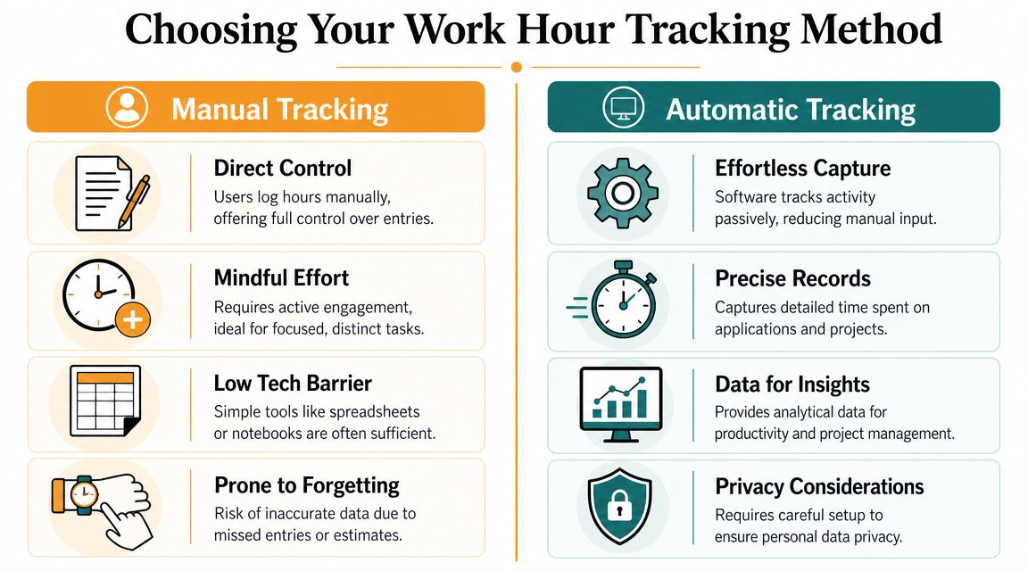 A comparison chart outlining the pros and cons of manual versus automatic methods to keep track of work hours.
