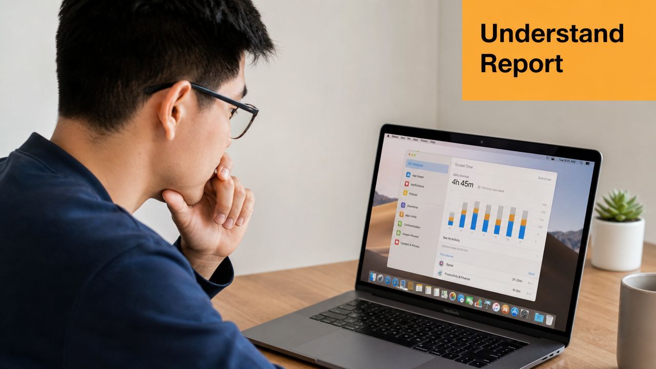 A man wearing glasses looking thoughtfully at a laptop screen displaying screen time usage reports.