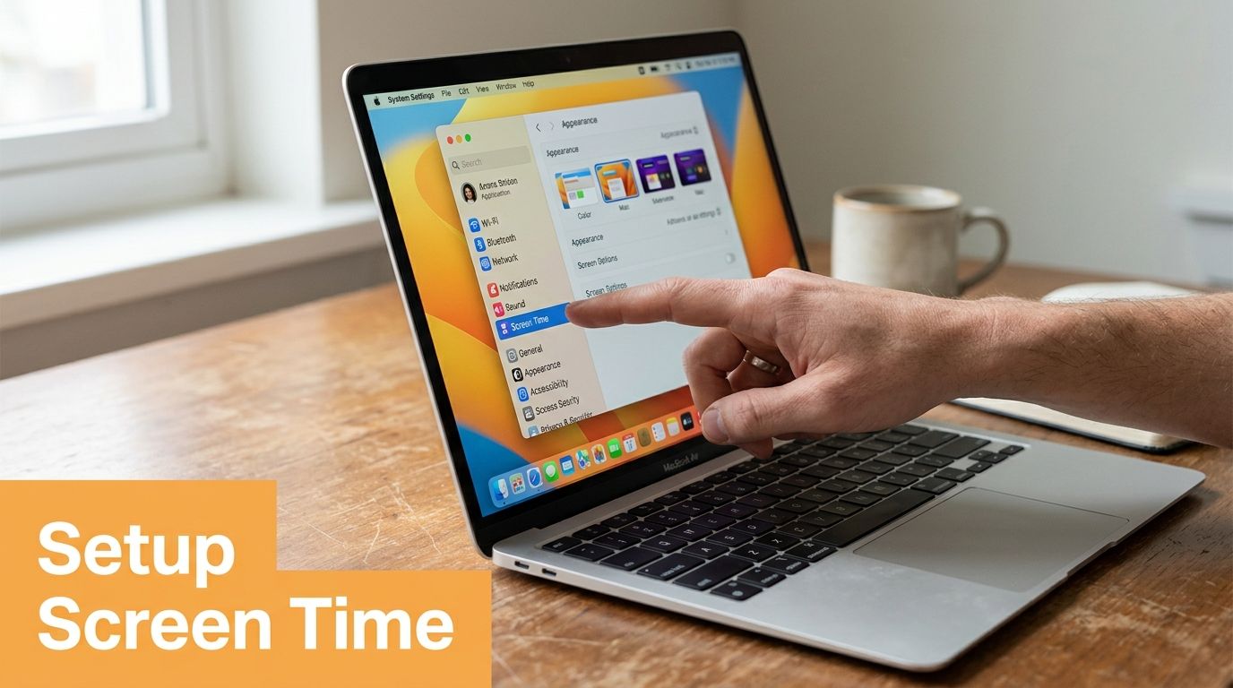 A person's finger pointing at the Screen Time setting on a MacBook laptop screen on a desk.