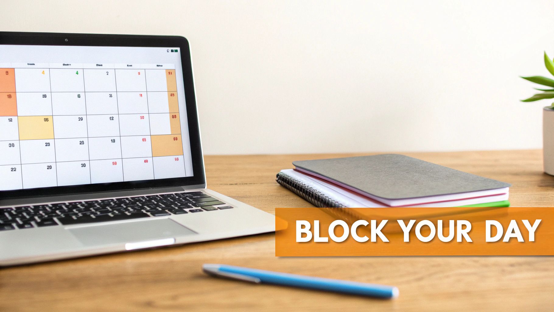 Laptop displaying colorful calendar beside stacked notebooks and pencil with block your day text