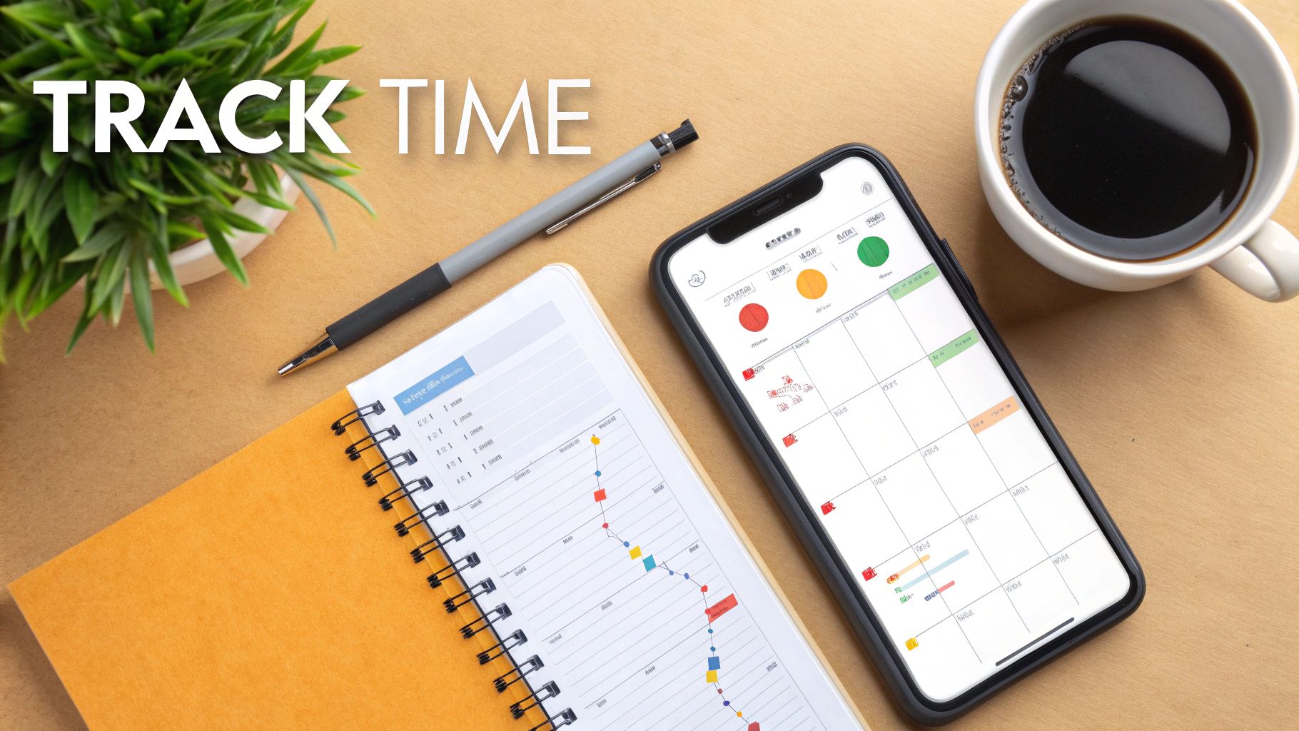 Time tracking calendar app on smartphone with planner notebook, pen and coffee on desk