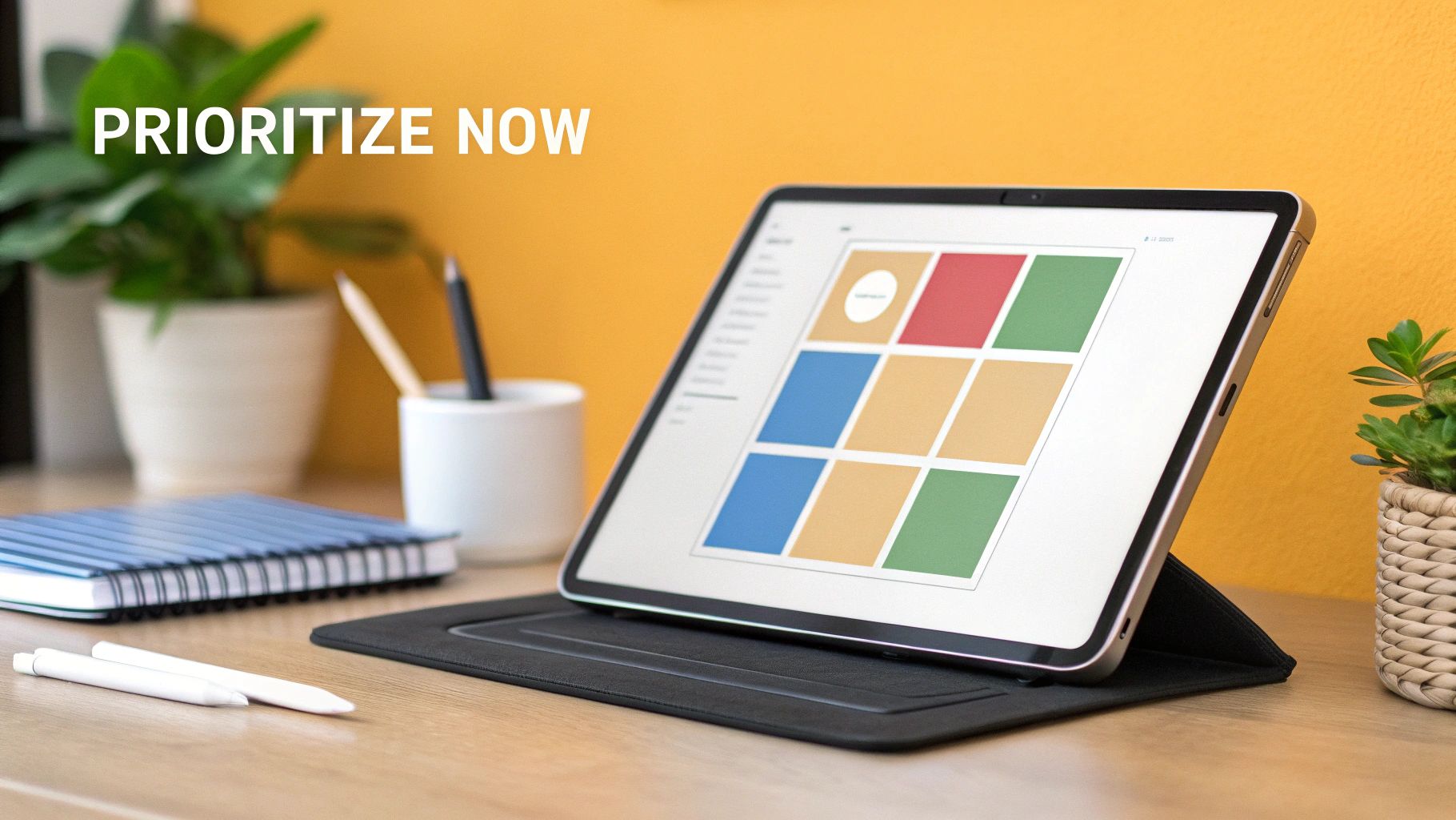 Tablet displaying colorful prioritization matrix grid on desk with plants and notebooks