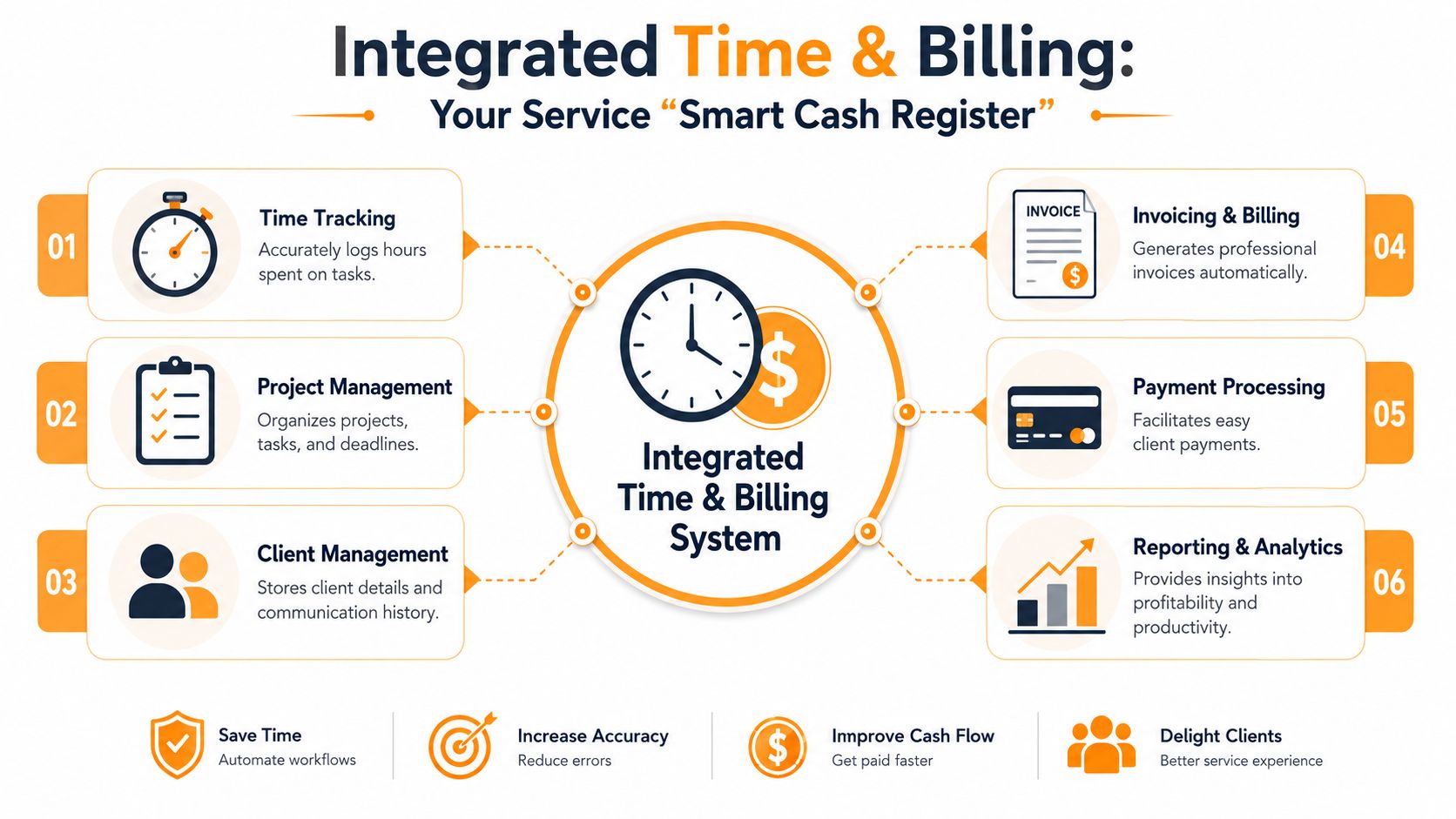 A diagram illustrating an integrated time and billing system with six core features and key business benefits.