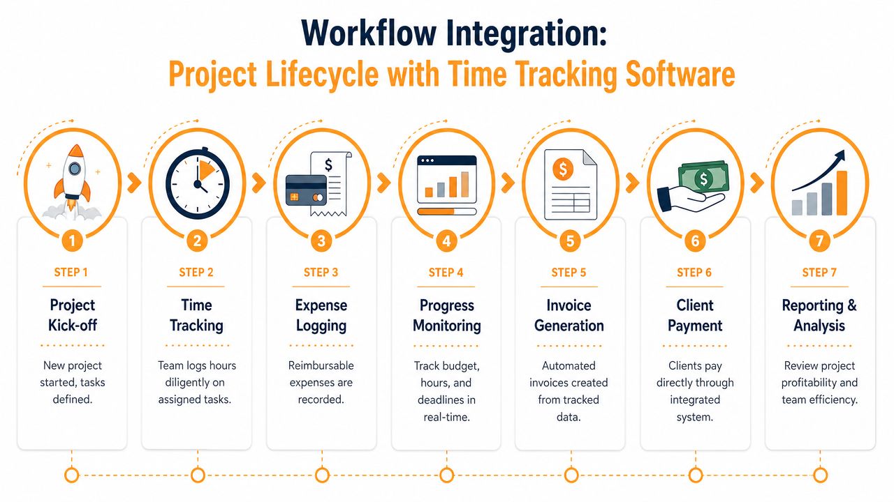 A seven-step workflow diagram illustrating a project lifecycle integrated with time tracking software for businesses.