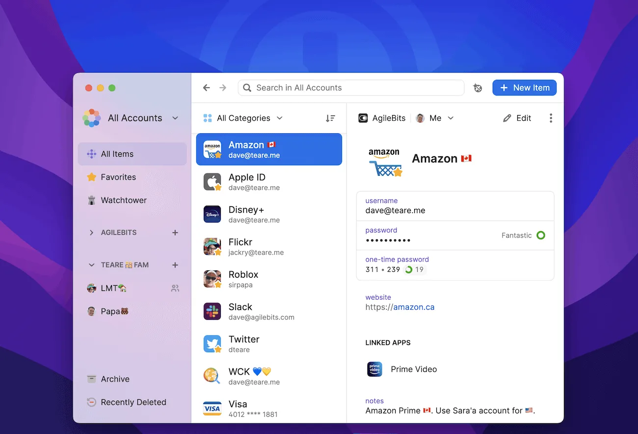 1Password 8 for Mac showing the vault sidebar, item list, and an item's password and one-time code