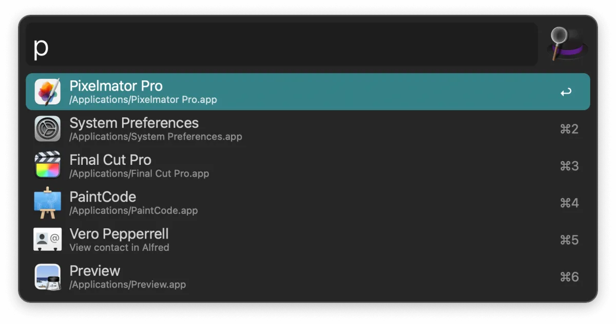 Alfred's search bar on macOS showing ranked application results as you type