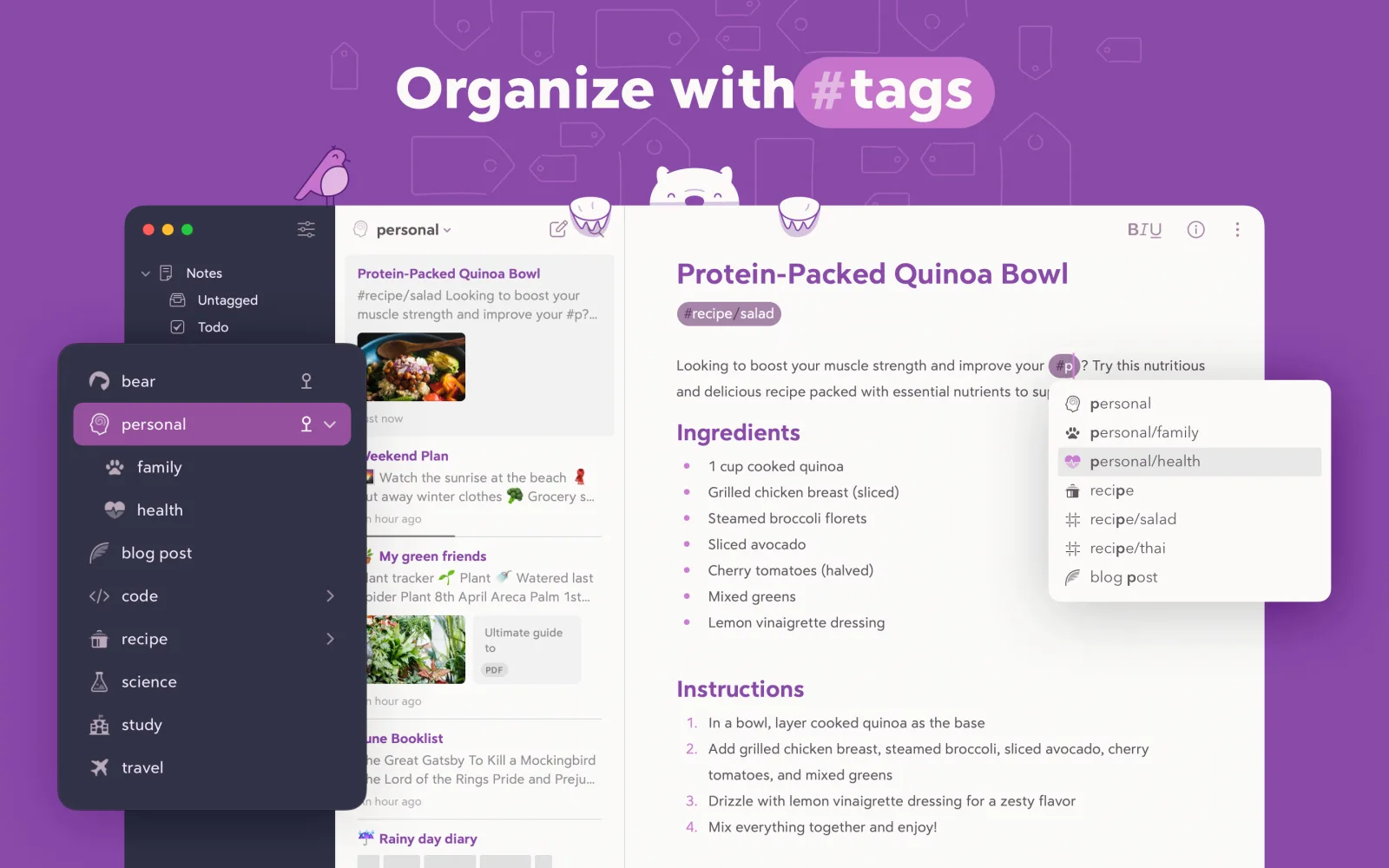 Bear's Mac note editor with the notes list sidebar and a Markdown note with tags and a table