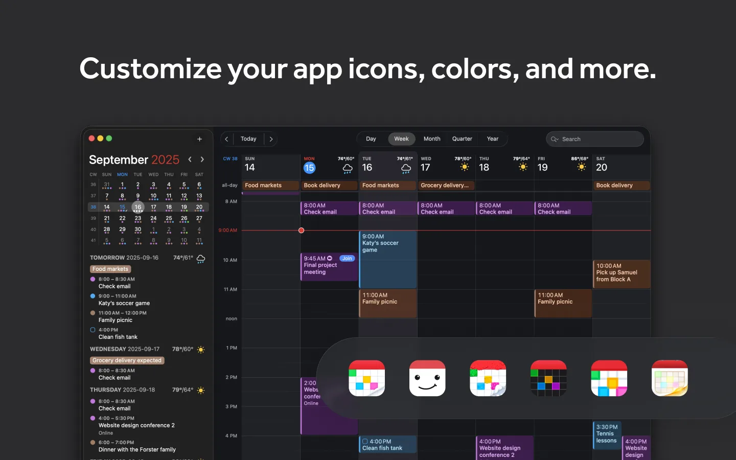 Fantastical for Mac in dark mode with the mini calendar and event sidebar next to the week view