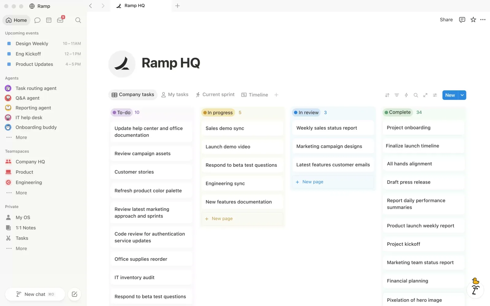 Notion's desktop app showing a team workspace with sidebar navigation and a kanban board of company tasks