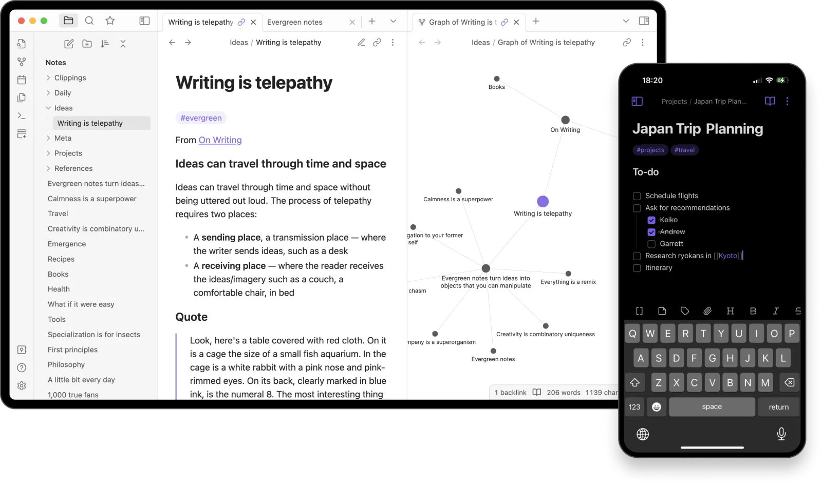 Obsidian's editor showing a Markdown note beside the graph view of linked notes