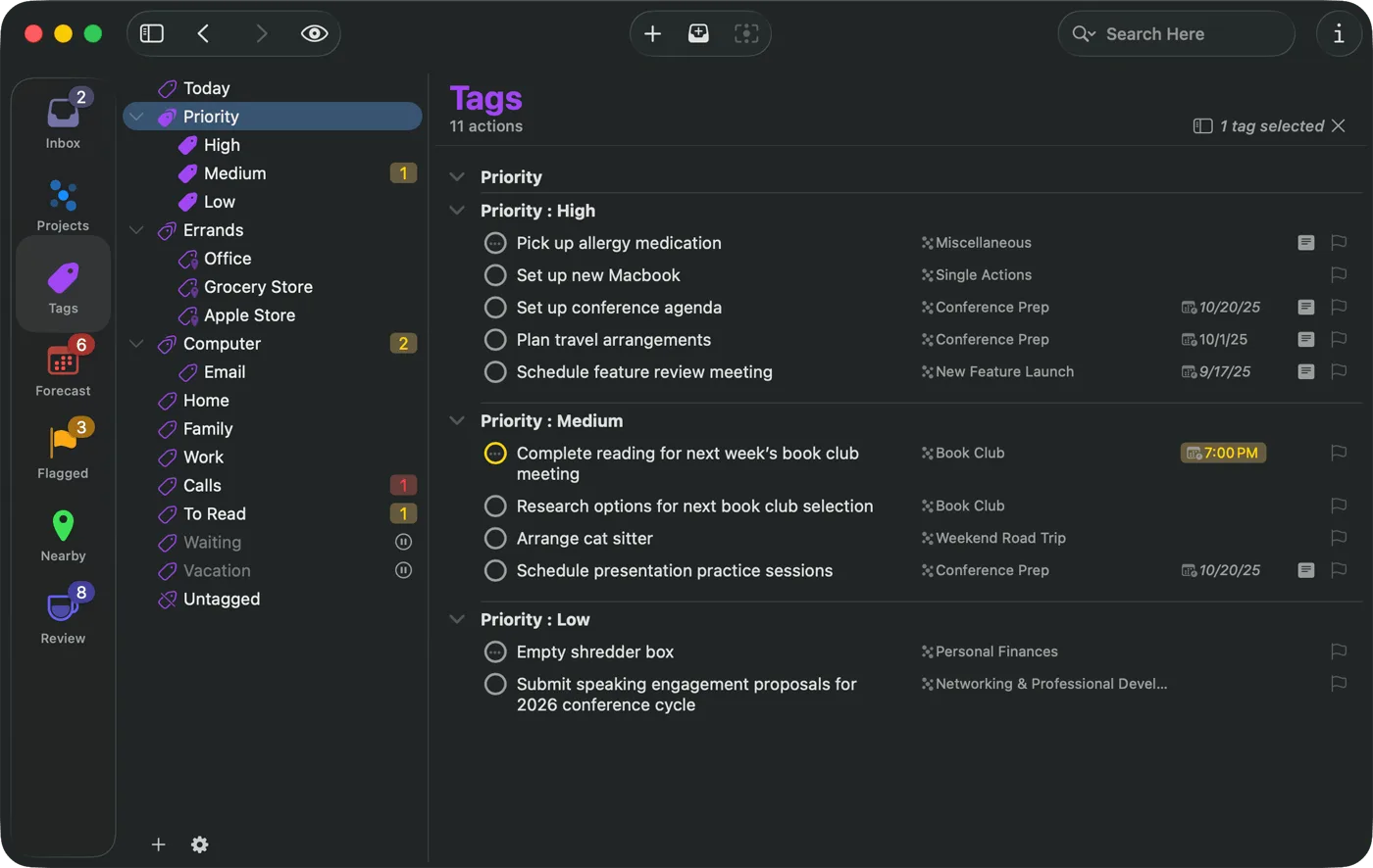 OmniFocus 4 for Mac in dark mode showing the Tags perspective with tasks grouped by priority