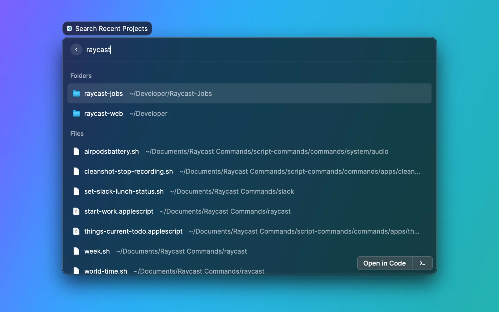 Raycast's command palette on macOS showing file and folder search results