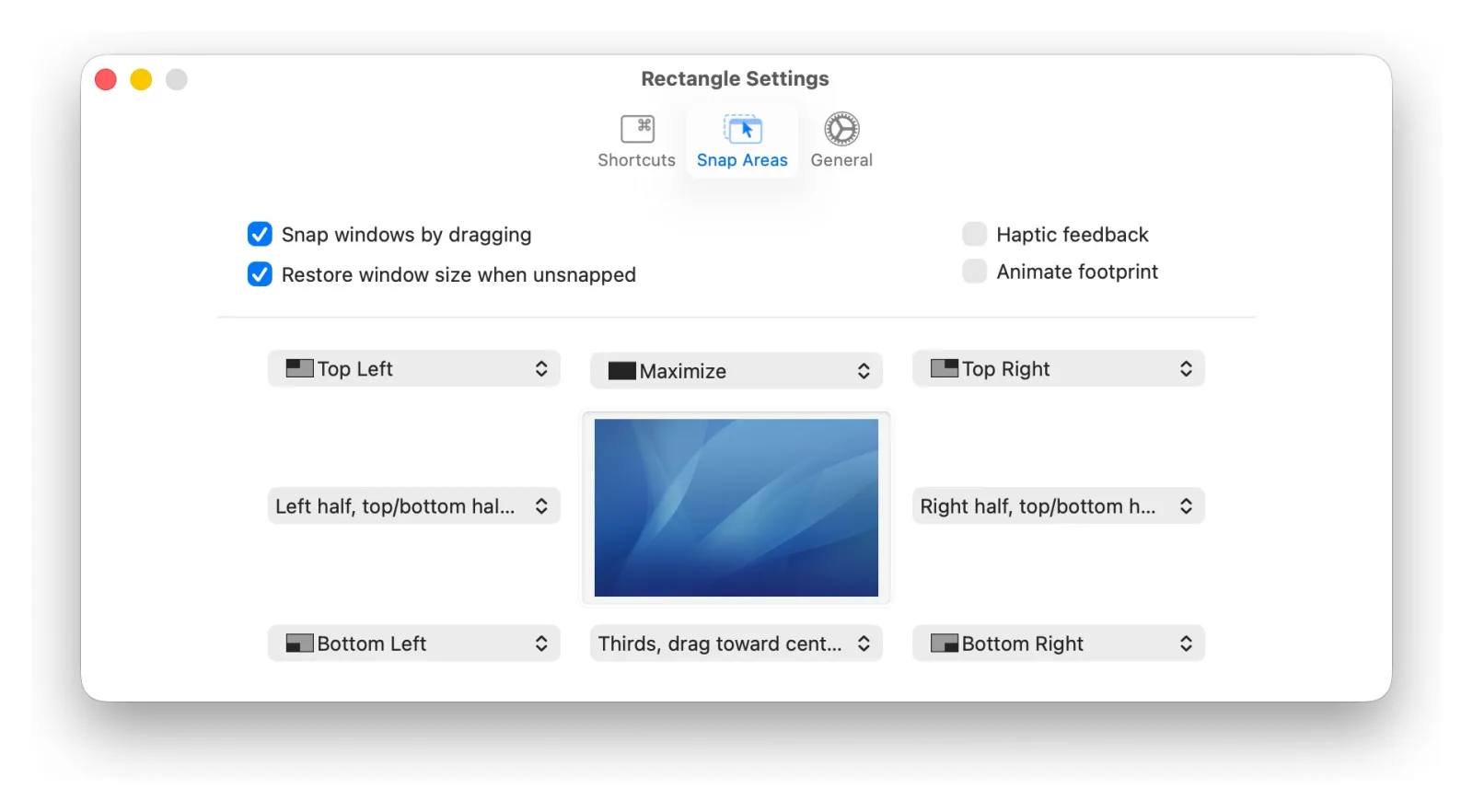 Rectangle's settings window showing drag-to-snap areas and window snapping controls