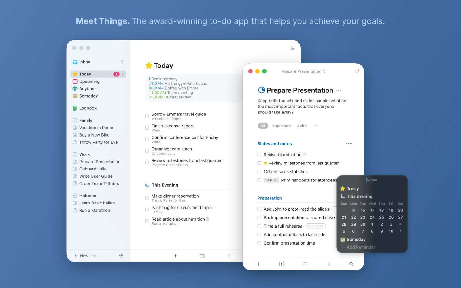 Things 3 for Mac showing the Today list with project sidebar and a checklist with date picker