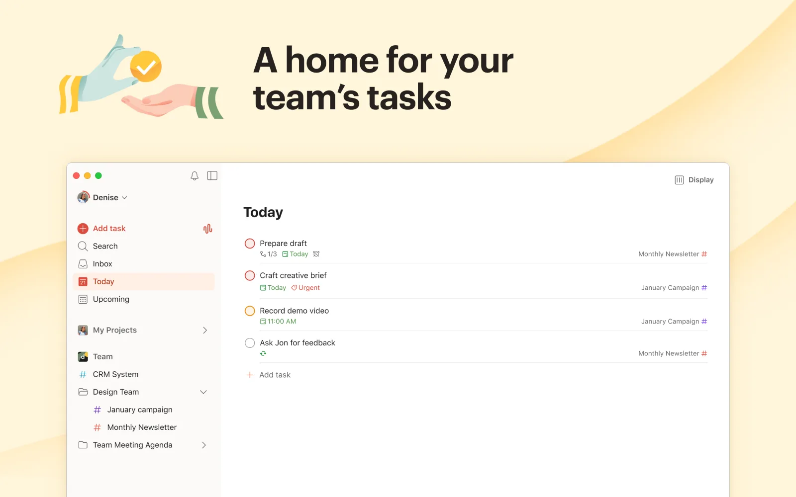Todoist's Mac app with the project sidebar and Inbox showing tasks with due dates, labels, and reminders