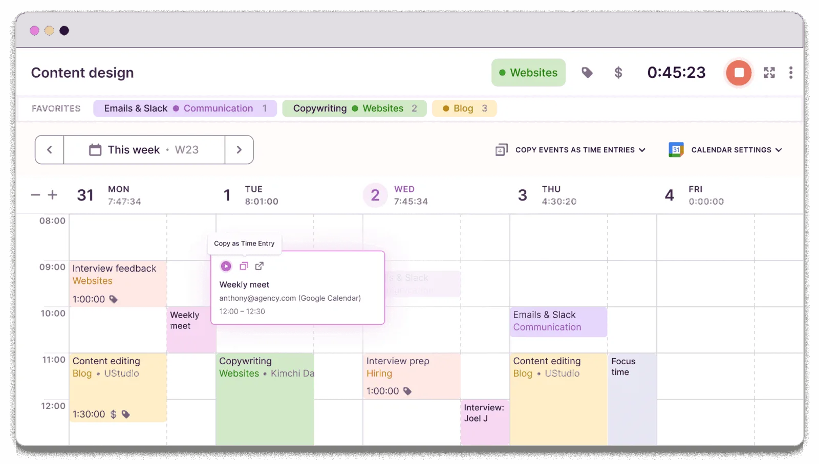 Toggl Track's calendar week view with a running timer and color coded time entries per project