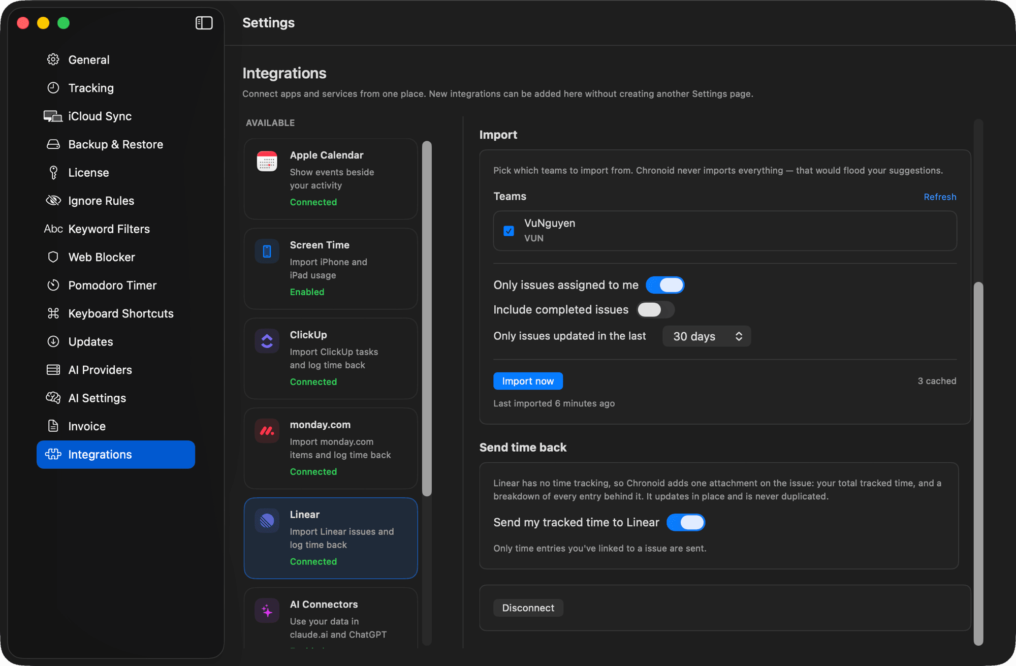 Chronoid Settings → Integrations on macOS with ClickUp, monday.com and Linear connected and Linear's send-time-back options open