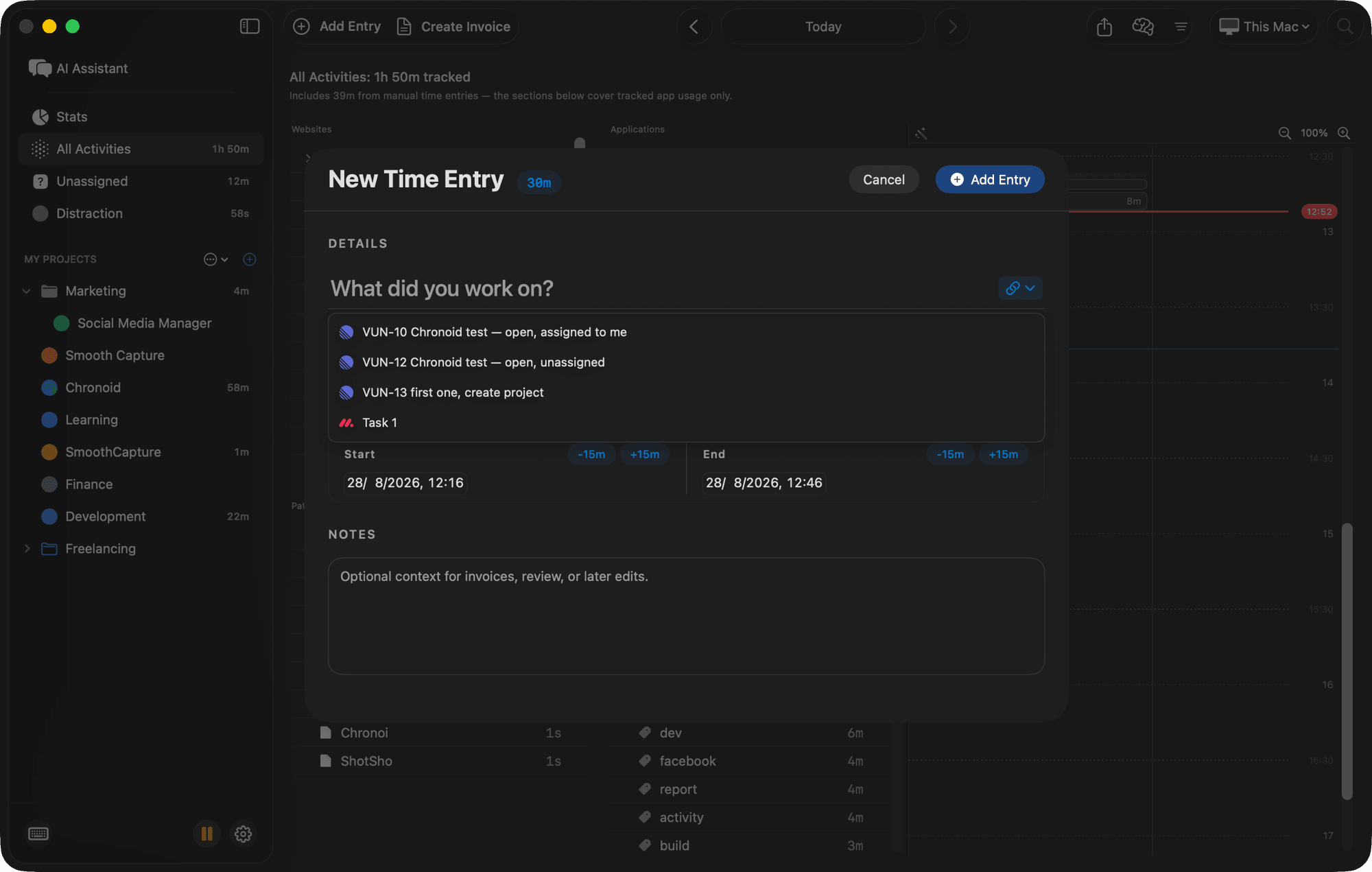 A Chronoid time entry on macOS suggesting imported tasks as you type in the title field